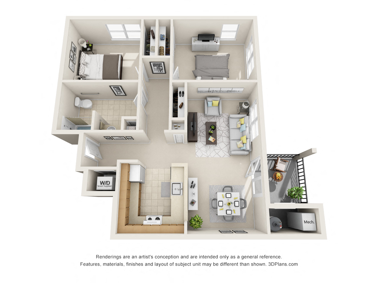 Floor plan for 2 beds, 1 bath, 1029 sqft